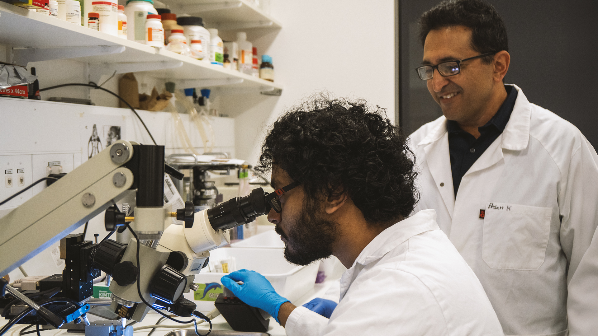 Dr Ehsan Kheradpezh and Sreyes Sridharan performing electrode implantation surgery. Image: Calo/ANU Dr Ehsan Kheradpezh and Sreyes Sridharan performing electrode implantation surgery. Image: Calo/ANU