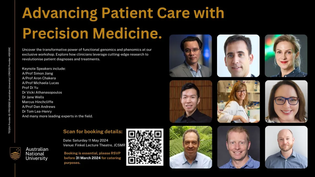 Promotional graphic for a precision medicine conference featuring text about the event and photos of keynote speakers.