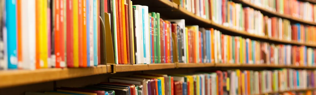 Books on shelves in a library