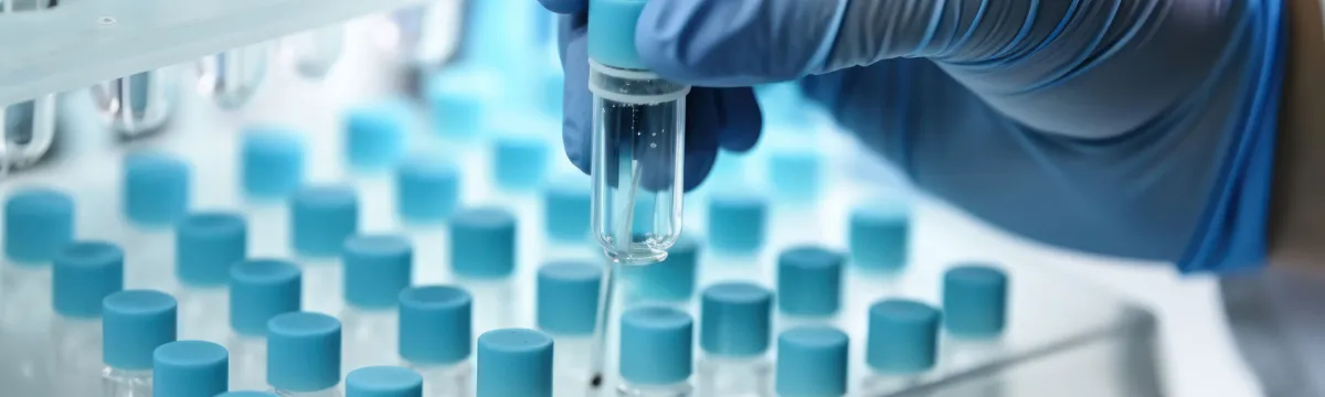 A scientist's hand pulling out a vial containing a vaccine