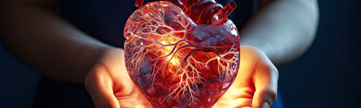 Men's hands hold an artificial heart in their hands.