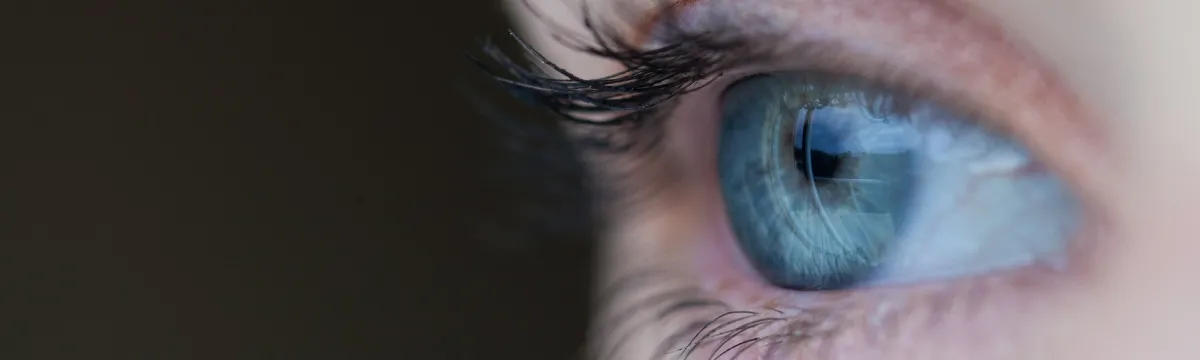 Close-up image of a human eye, highlighting detailed eyelashes and a clear, blue iris.