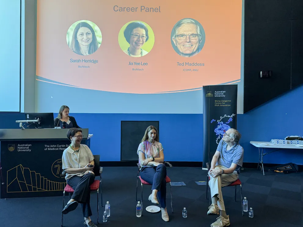 In early February, Sand participated in the Pathway to Industry lunch held by the ACT RNA Club, featuring Dr Sarah Herridge (Director of Research and Scientific Affairs, BioNTech Australia), Dr Jia-Yee Lee (Director of Strategy and Alliances BioNTech Australia), and Professor Ted Maddess (Group Leader, John Curtin School of Medical Research). “I went in with caution and confusion about my career path and emerged enlightened and excited for the possibilities ahead,” recalls Sand. Image: Calo Huang/ANU
