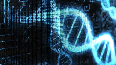 Digital image of a glowing blue DNA strand with a backdrop of circuit board patterns emphasizing advanced technology and genetics research.
